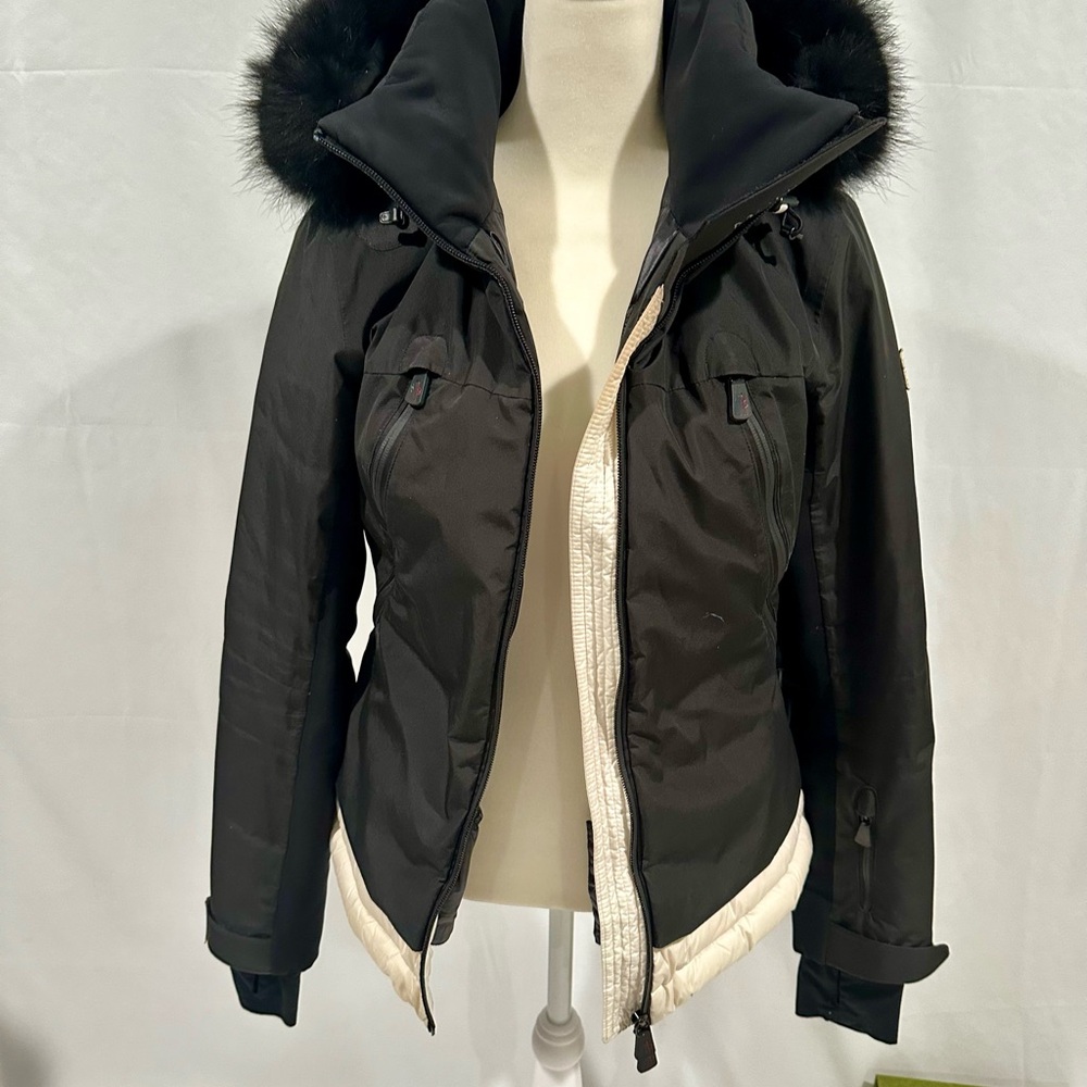 Moncler Black and Cream Ski Jacket with Fur Hood